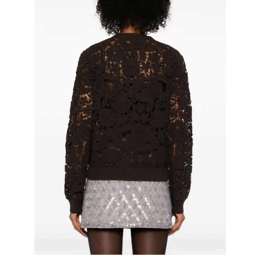 #1759 T.C. Elli's Black Boho‑Goth Crochet Lace-Up Pullover– Sheer Lace Top Sz L.